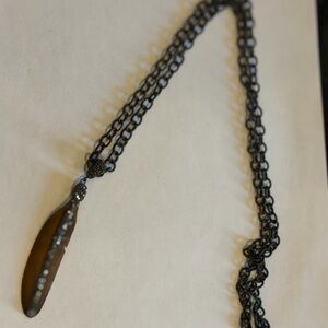 Feather wood and jewel pendant necklace with black chain
